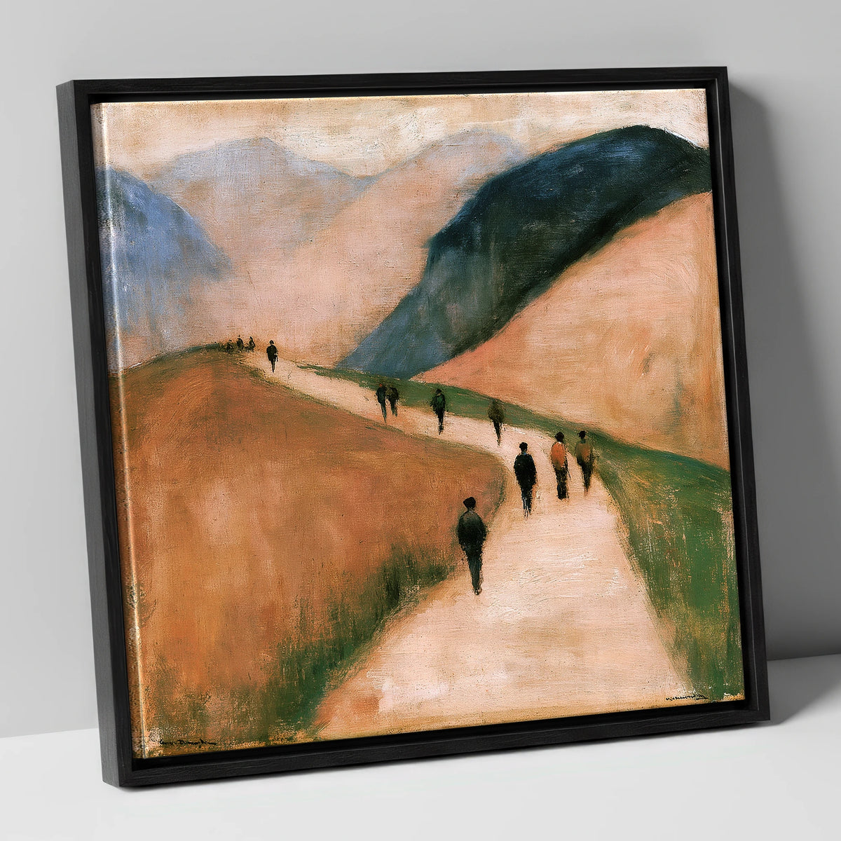 Walkers on an Earthy Mountain Path lake district walking canvas wall art in black frame