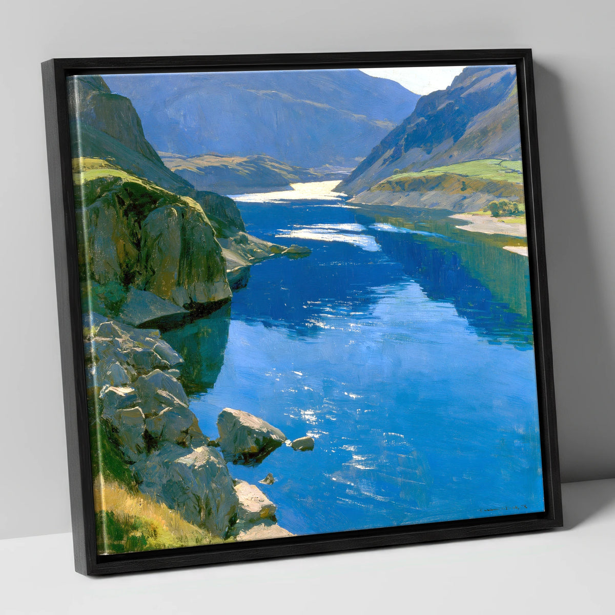 Brilliant Blue Lake and Fells lake district lake canvas wall art in black frame