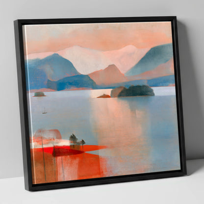 Derwentwater and Catbells Coral Dusk lake district lake canvas wall art in black frame