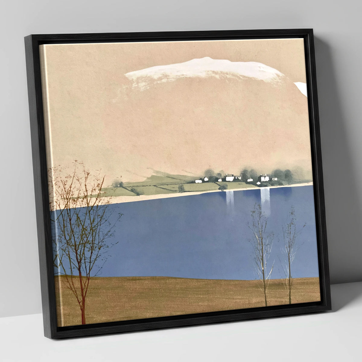 Winter Waters at Pooley Bridge lake district village canvas wall art in black frame