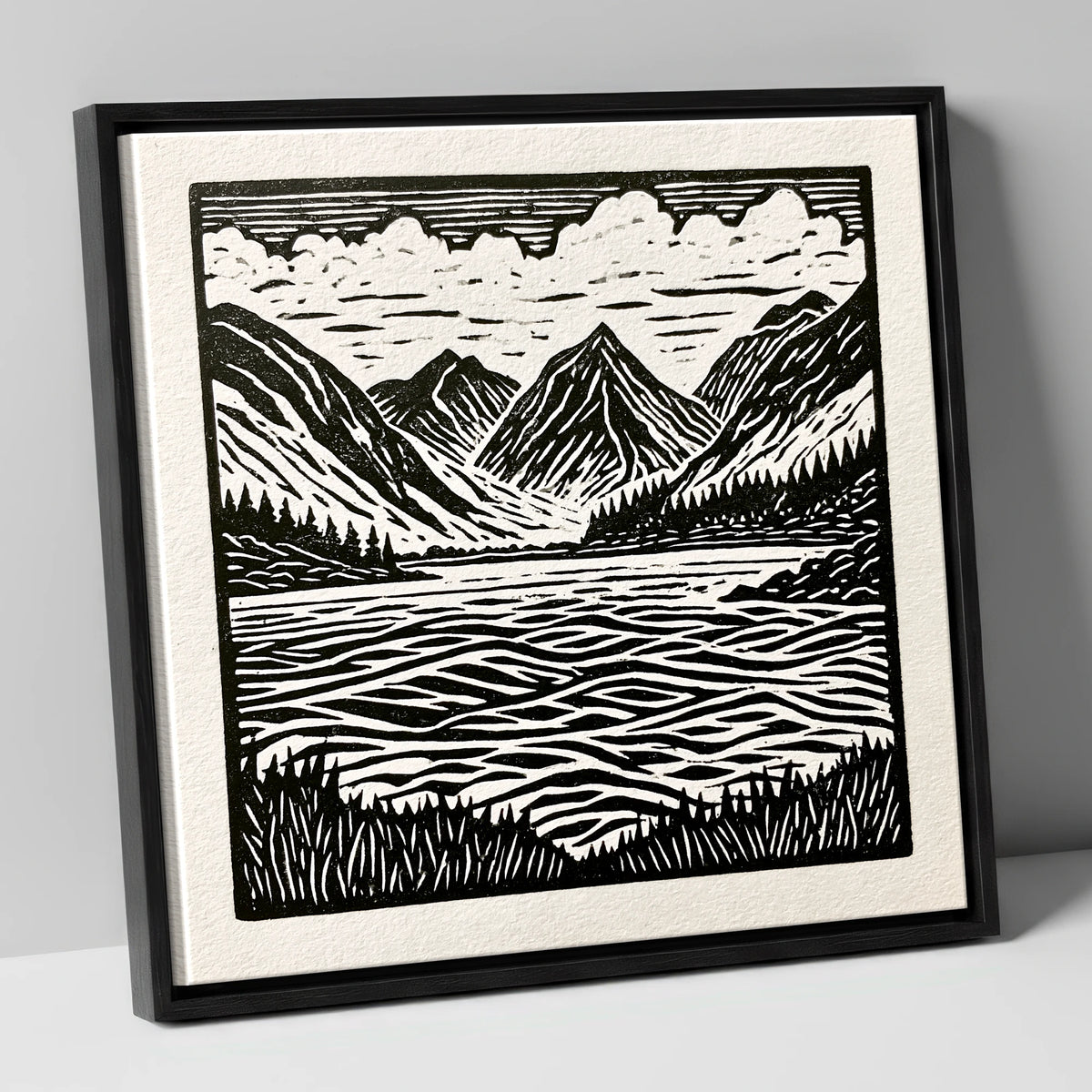 Bold Monochrome Ennerdale Landscape lake district valley canvas wall art in black frame