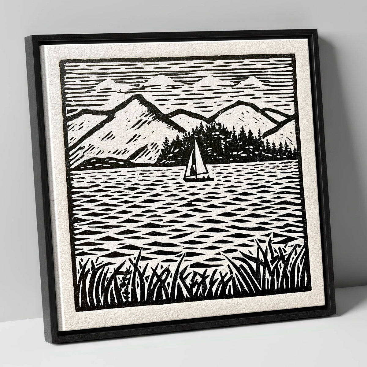Monochrome Sailboat on Derwentwater lake district lake canvas wall art in black frame