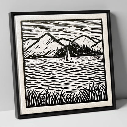 Monochrome Sailboat on Derwentwater lake district lake canvas wall art in black frame