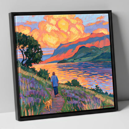 Vibrant Ullswater Evening Dog Walk gifts for dog walkers canvas wall art in black frame