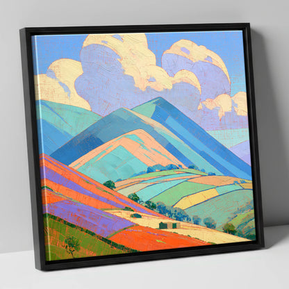 Turquoise and Orange Rolling Fells lake district fell canvas wall art in black frame