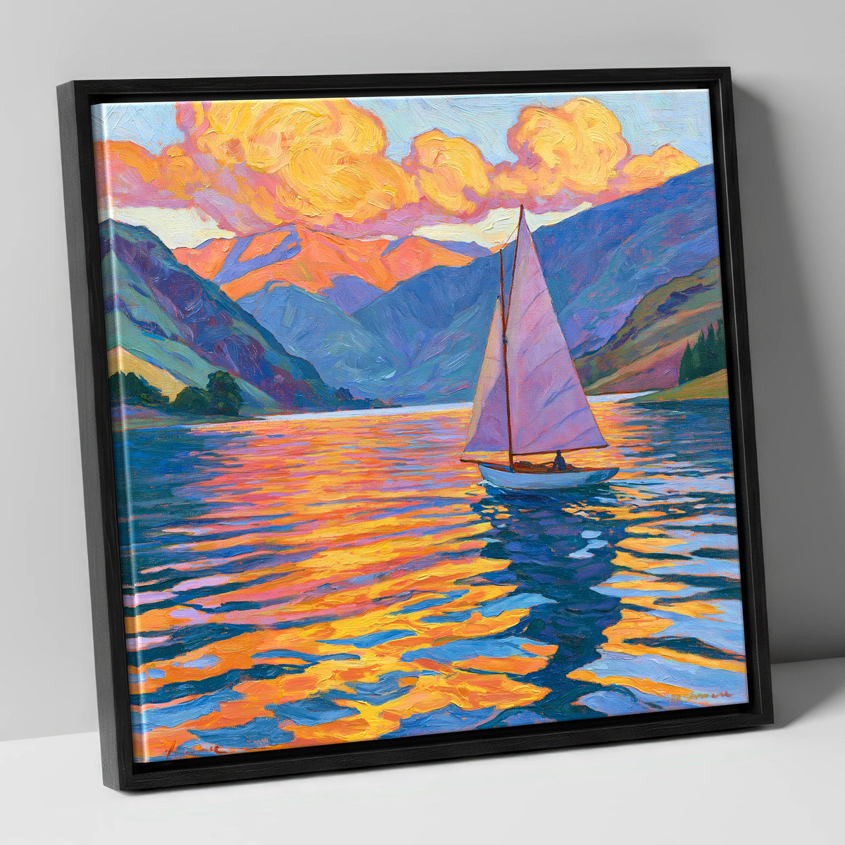 Sailing the Lake at Golden Hour lake district walking canvas wall art in black frame