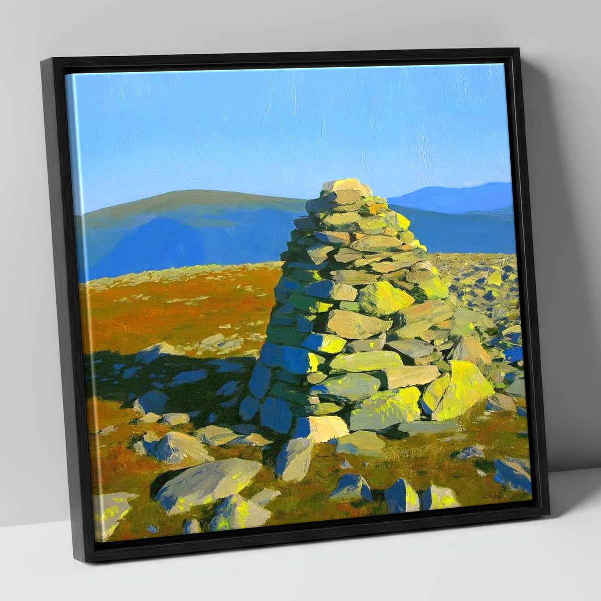 Sunlit Cairn on Brim Fell lake district fell canvas wall art in black frame