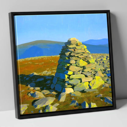 Sunlit Cairn on Brim Fell lake district fell canvas wall art in black frame