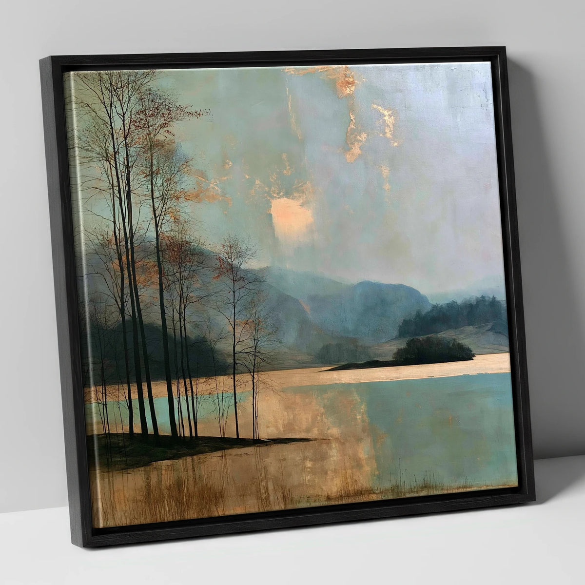 Grasmere Island in Golden Light lake district lake canvas wall art in black frame