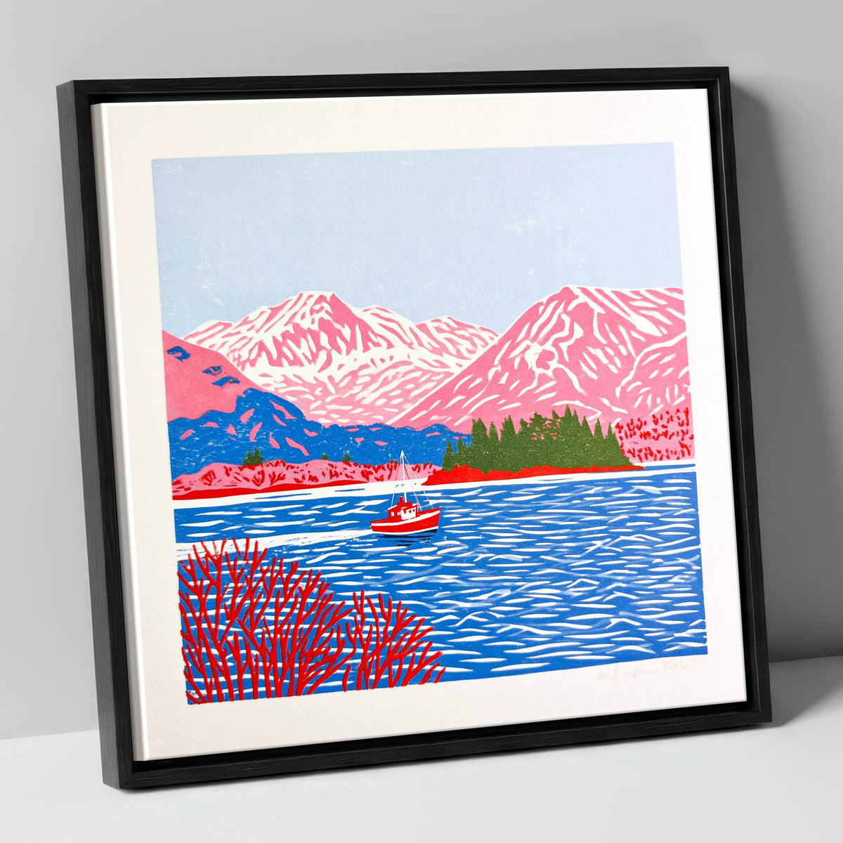 Derwentwater Boat and Pink Fells lake district lake canvas wall art in black frame