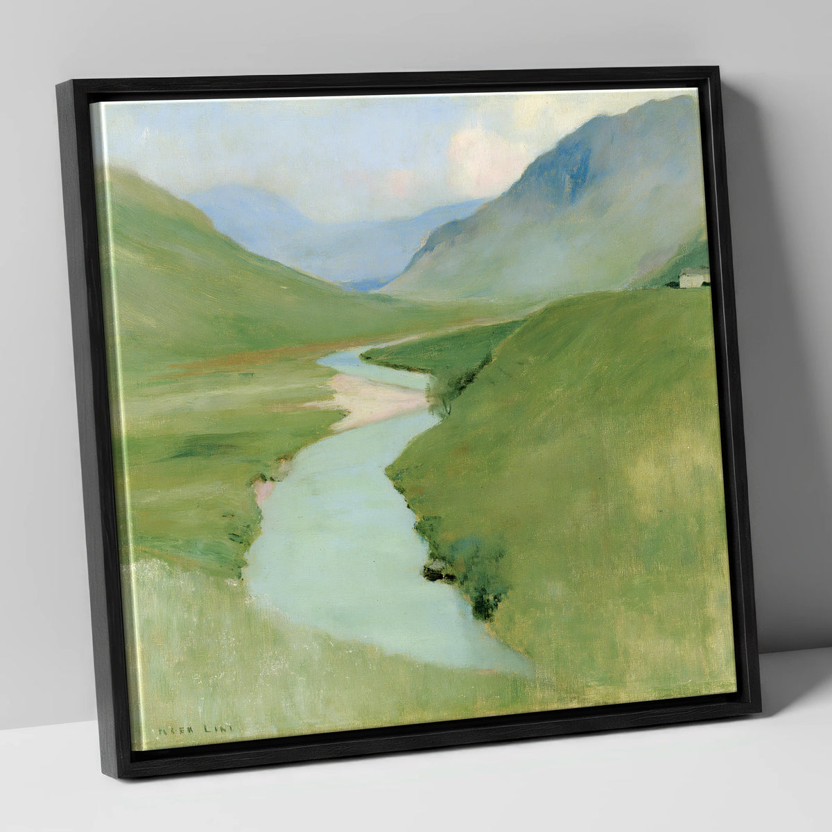 Winding River in Pastel Fells lake district waterfall canvas wall art in black frame