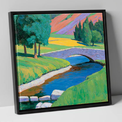Stone Bridge and Purple Fells lake district waterfall canvas wall art in black frame