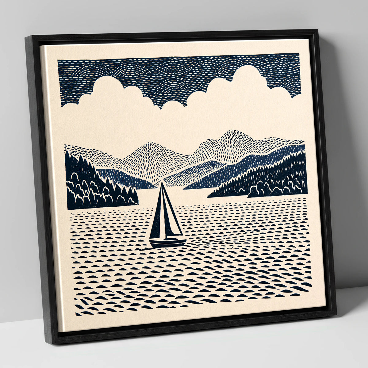 Windermere Sailboat in Deep Navy lake district lake canvas wall art in black frame