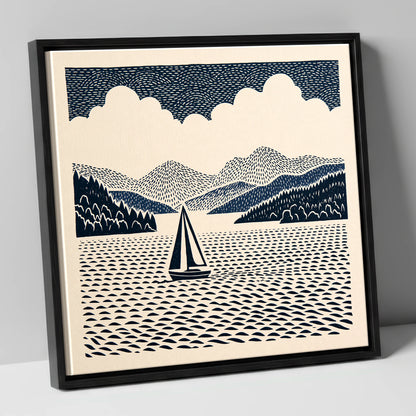 Windermere Sailboat in Deep Navy lake district lake canvas wall art in black frame