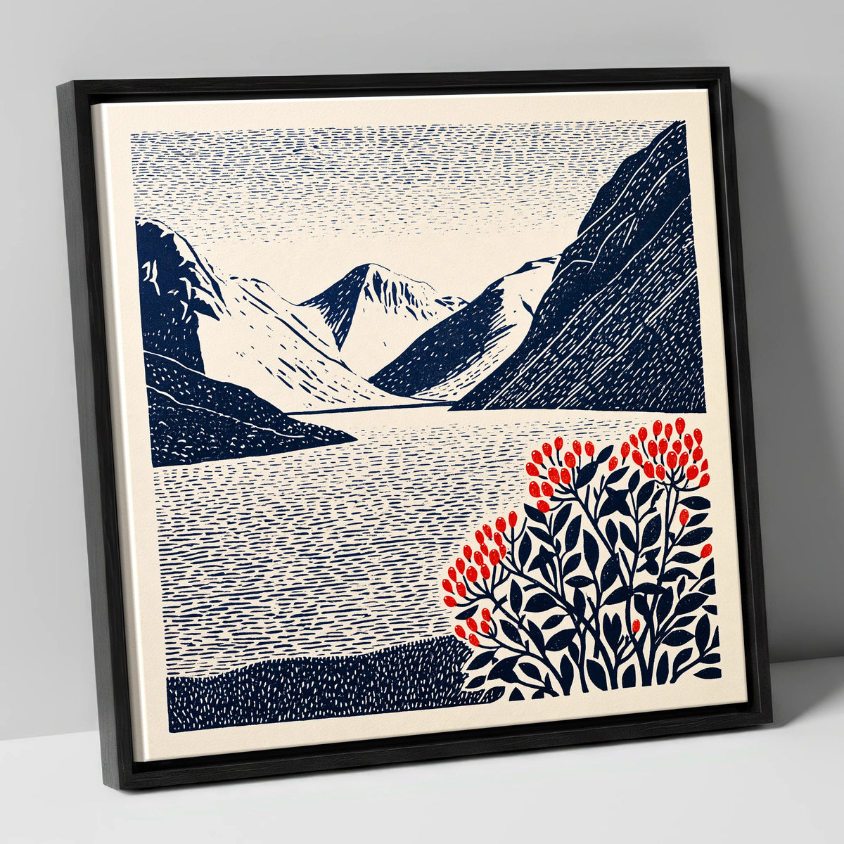 Wastwater Fells and Red Berries lake district lake canvas wall art in black frame