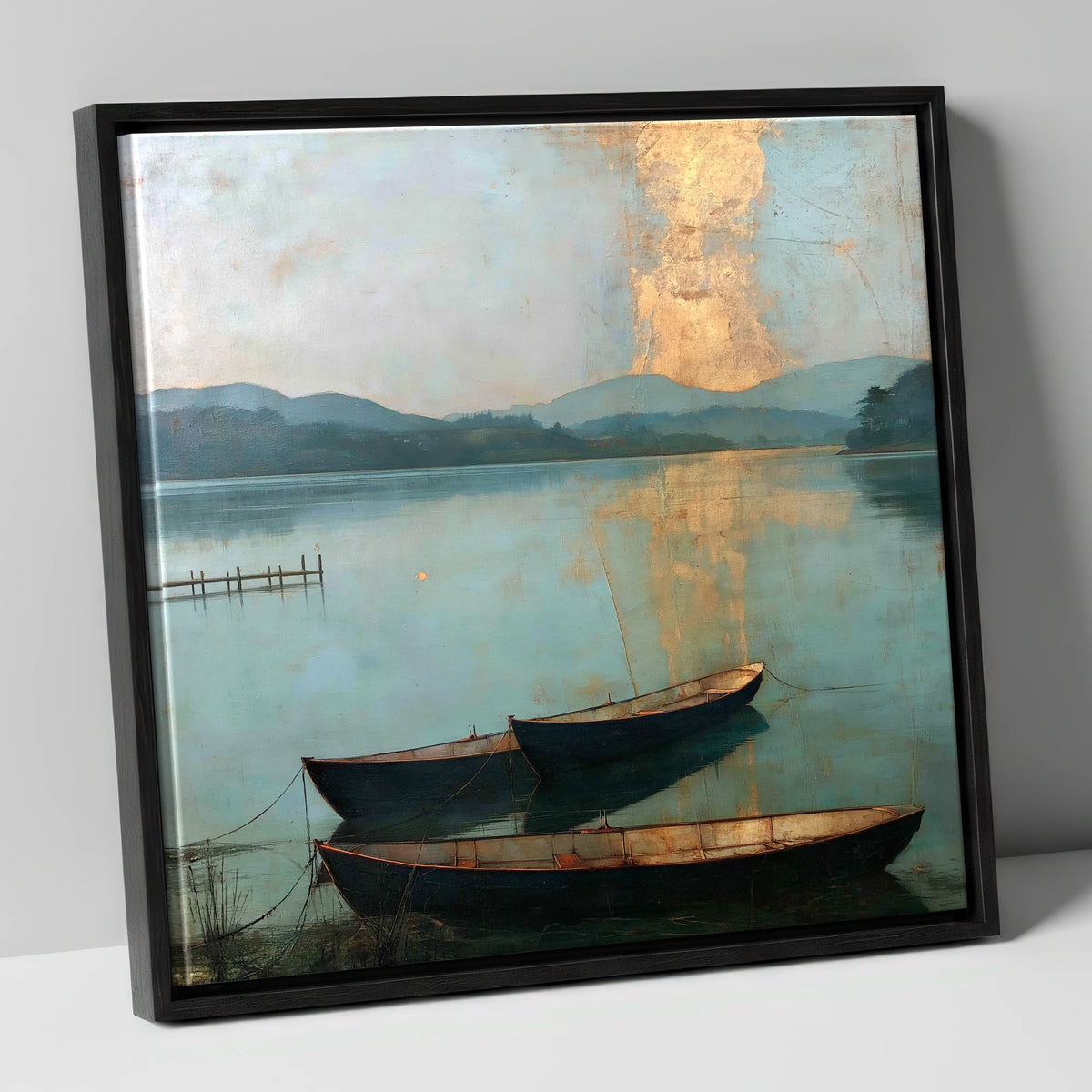 Golden Light over Windermere Boats lake district lake canvas wall art in black frame