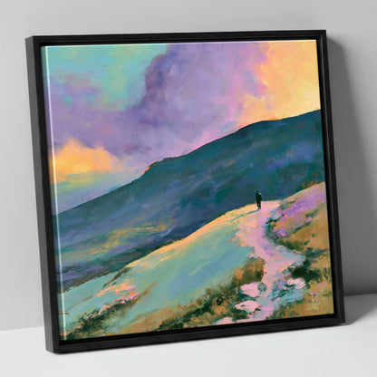 Lone Hiker Under Pastel Skies lake district walking canvas wall art in black frame