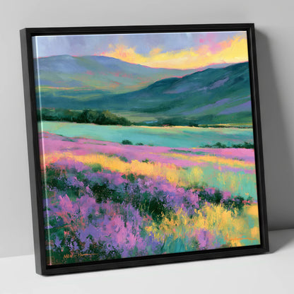 Purple Heather Fellside at Sunset flowers & fellsides canvas wall art in black frame