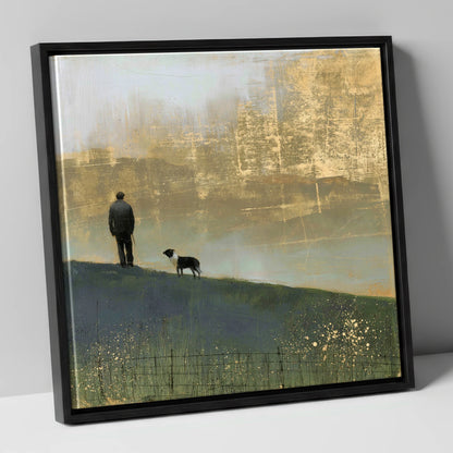 Shepherd and Dog in Golden Mist lake district wildlife canvas wall art in black frame