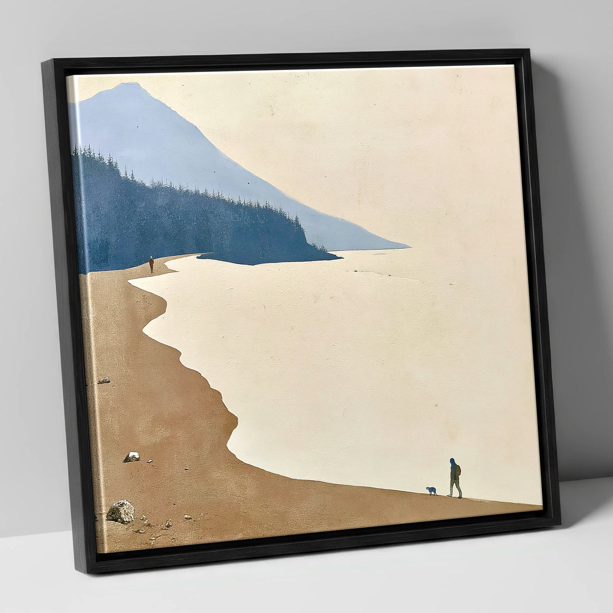 Misty Shoreline Walk with Dog lake district lake canvas wall art in black frame