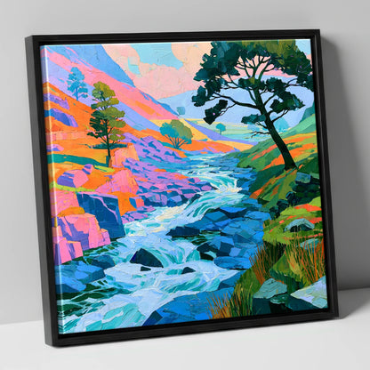 Colourful Rushing Fellside Beck lake district waterfall canvas wall art in black frame