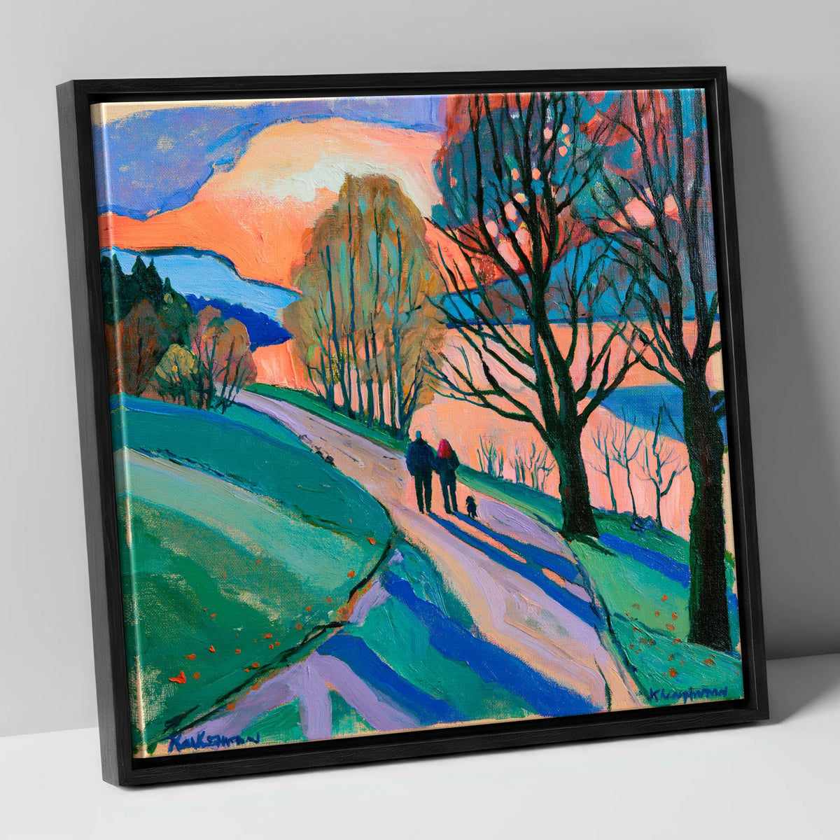 Keswick Sunset Dog Walk gifts for dog walkers canvas wall art in black frame