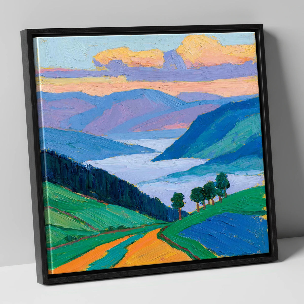 Morning Mist Over Vibrant Valley lake district sky canvas wall art in black frame