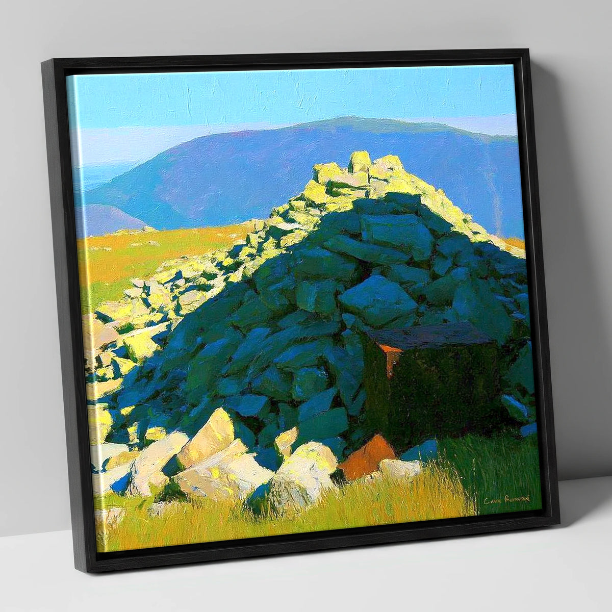 Sunlit Cairn on Grike Summit lake district fell canvas wall art in black frame