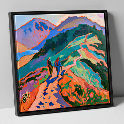 Colourful Haystacks Walk With Dog gifts for dog walkers canvas wall art in black frame