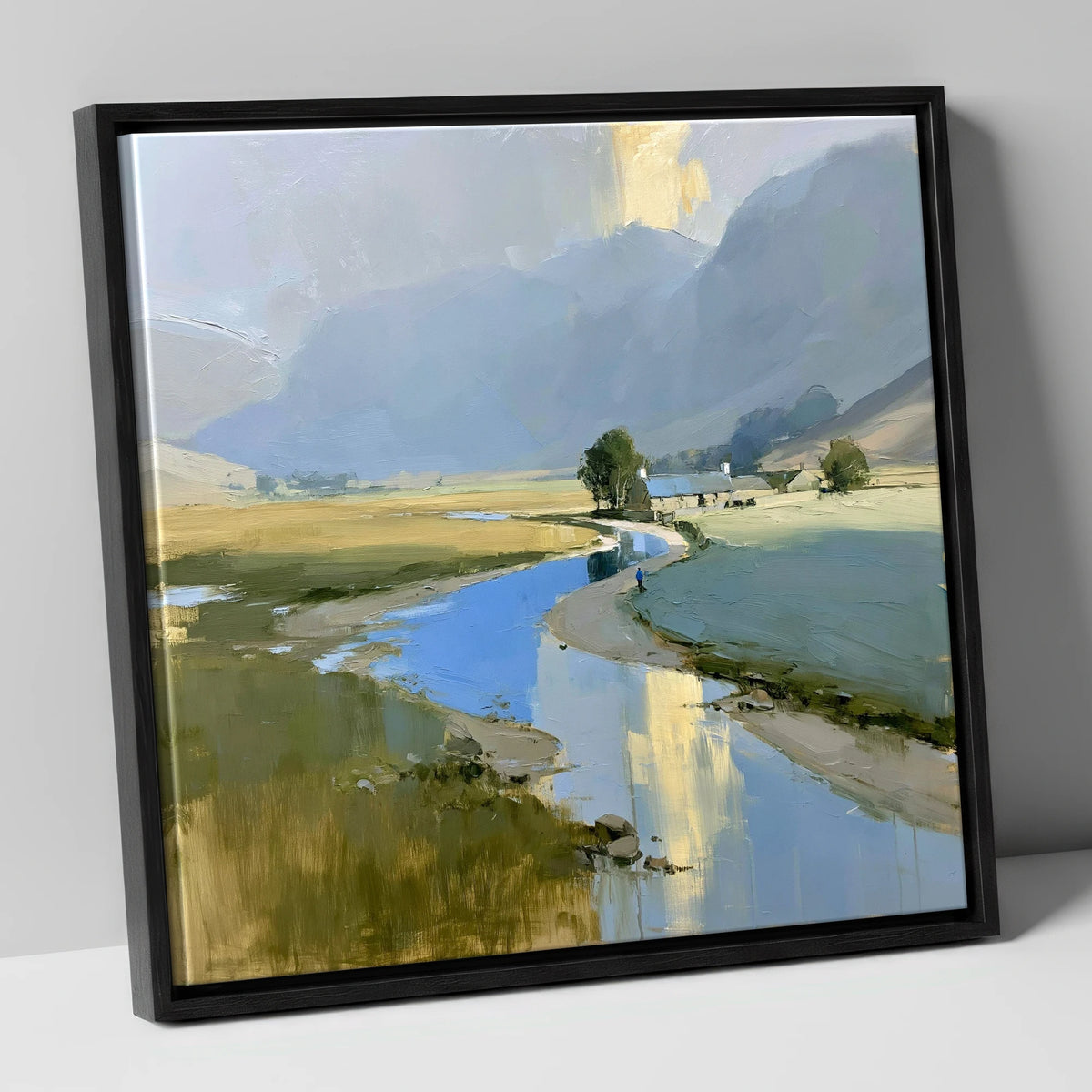 Golden Mist Over the Valley River lake district sky canvas wall art in black frame