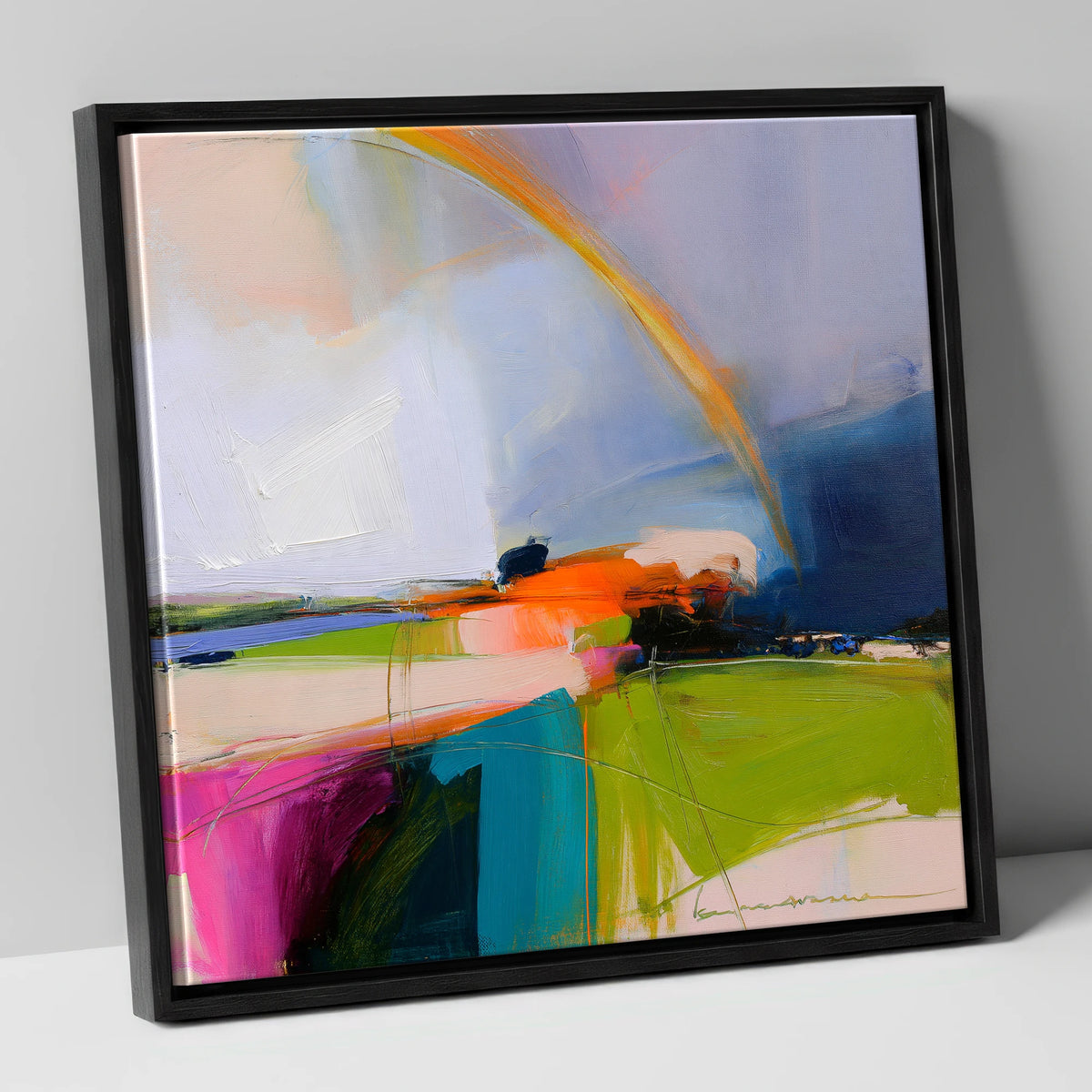 Vibrant Rainbow After Lakeland Rain lake district sky canvas wall art in black frame