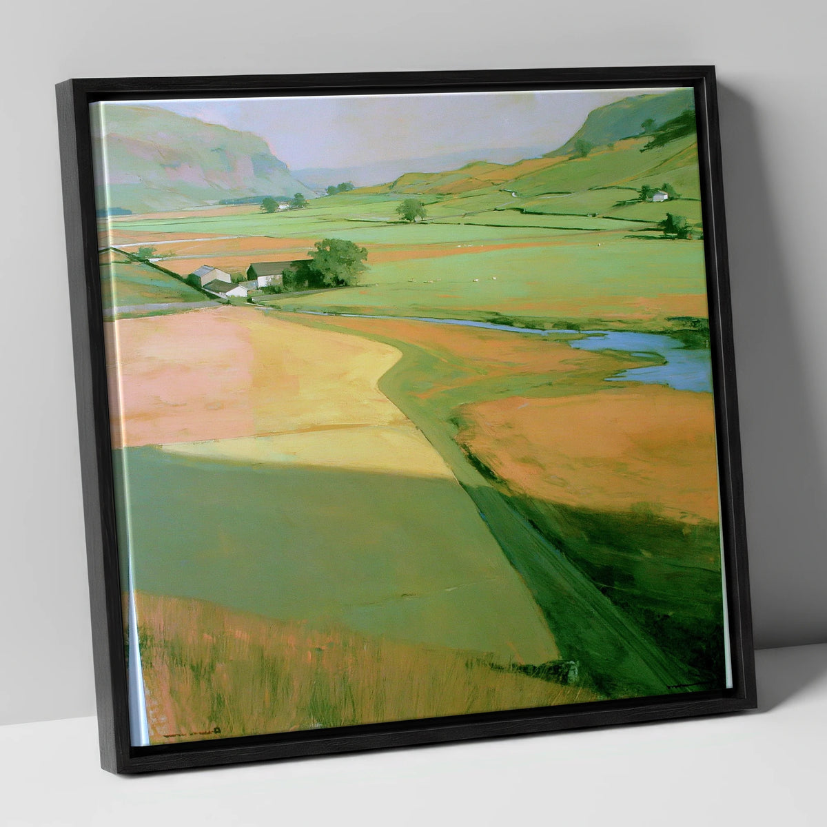 Green Valley Beneath The Fells lake district valley canvas wall art in black frame