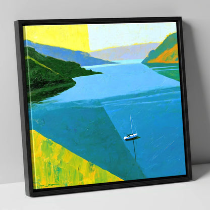 Ullswater Sailboat in Vibrant Blue lake district lake canvas wall art in black frame