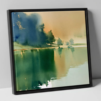 Calm Lake Reflections In Teal lake district lake canvas wall art in black frame