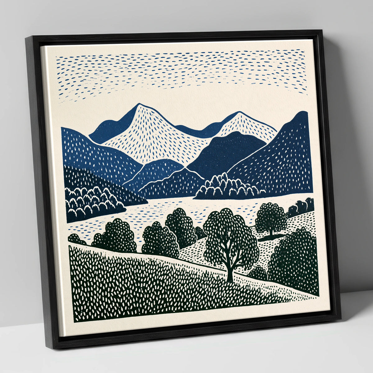 Grasmere Fells in Graphic Navy lake district lake canvas wall art in black frame