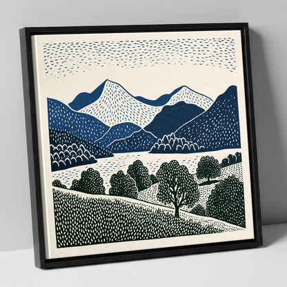 Grasmere Fells in Graphic Navy lake district lake canvas wall art in black frame