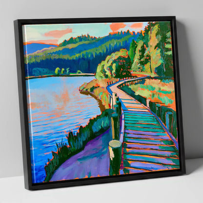 Vibrant Boardwalk at Tarn Hows lake district lake canvas wall art in black frame