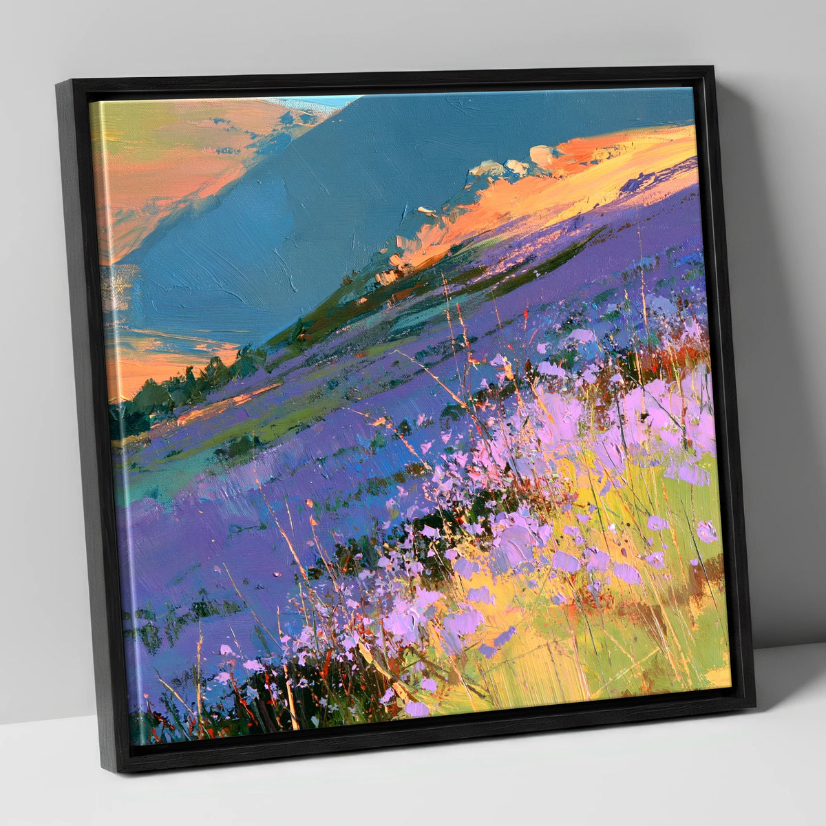 Radiant Heather Fellside at Sunset flowers & fellsides canvas wall art in black frame