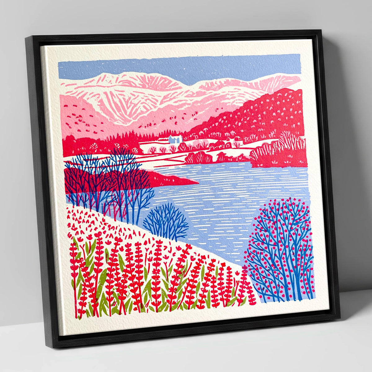 Vibrant Grasmere With Pink Fells lake district lake canvas wall art in black frame
