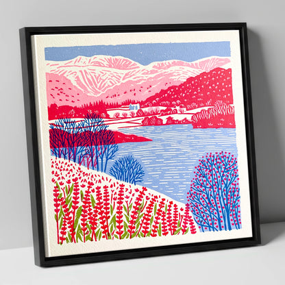 Vibrant Grasmere With Pink Fells lake district lake canvas wall art in black frame