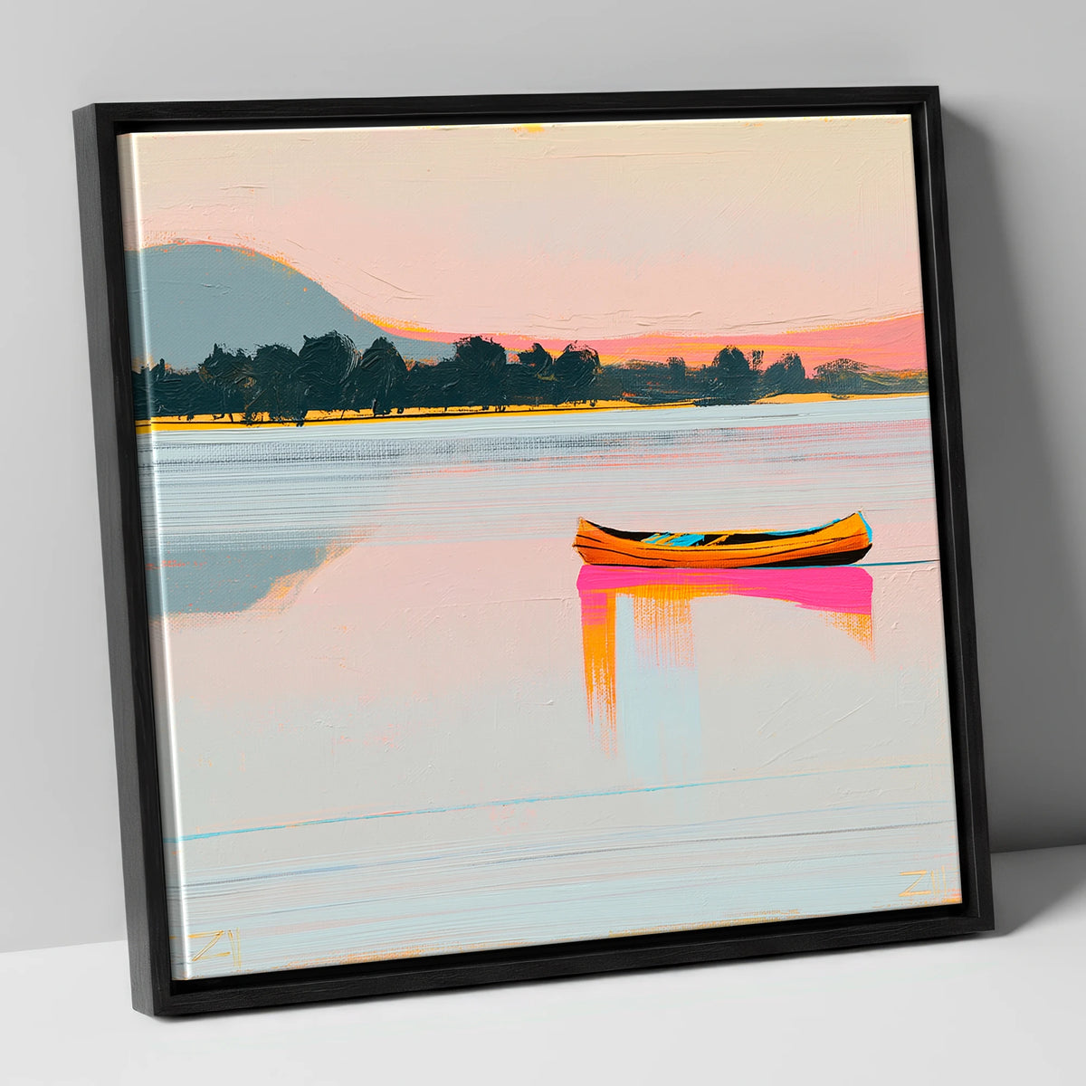 Bright Wooden Canoe on Windermere lake district lake canvas wall art in black frame
