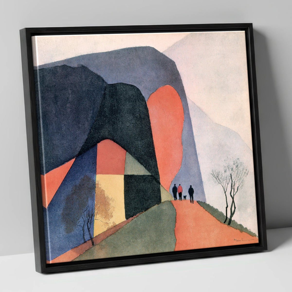 Walkers on a Terracotta Fell Path lake district walking canvas wall art in black frame