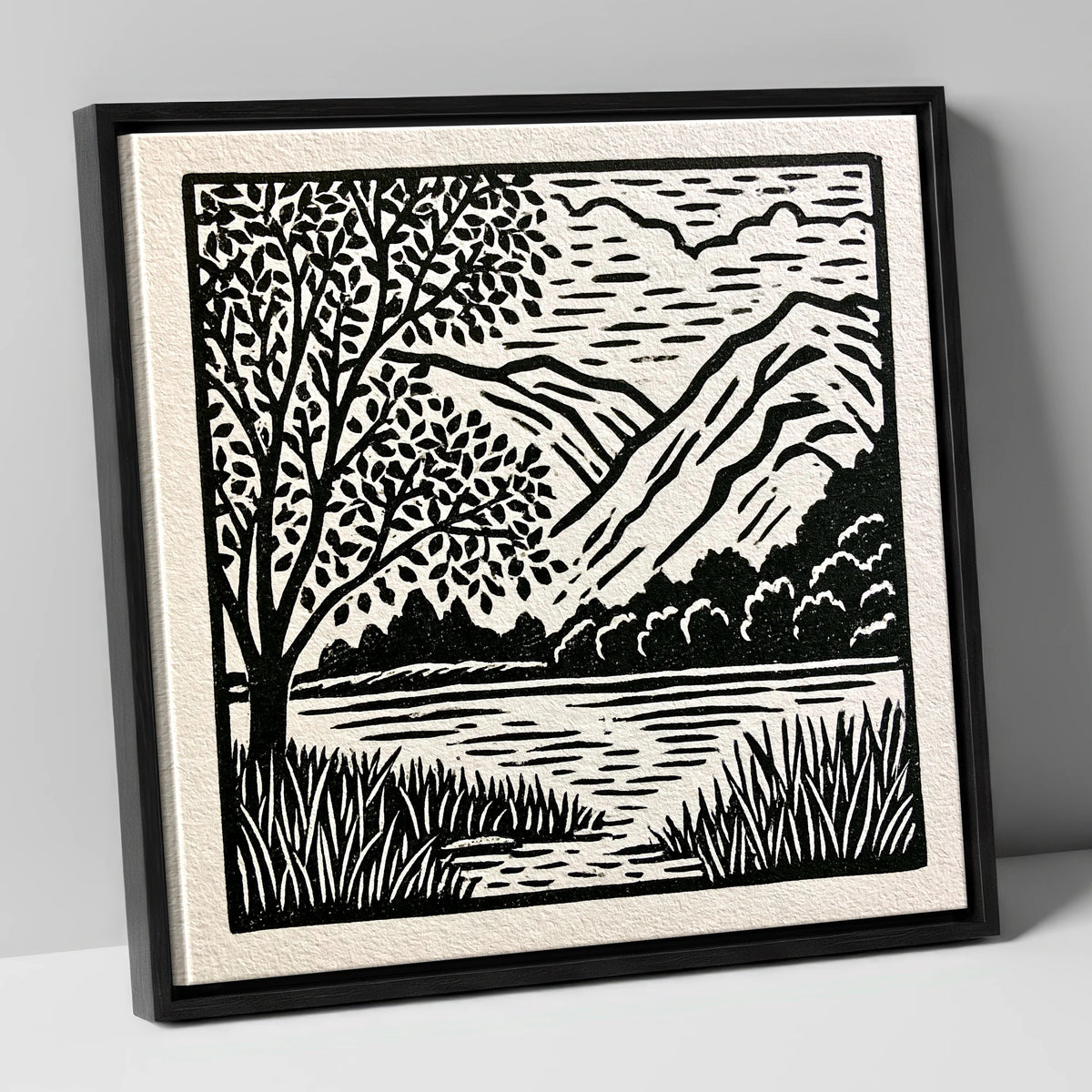 Monochrome Grasmere Water and Fells lake district lake canvas wall art in black frame