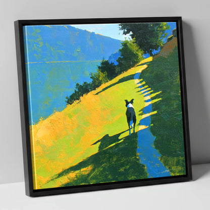 Collie on an Ambleside Path gifts for dog walkers canvas wall art in black frame