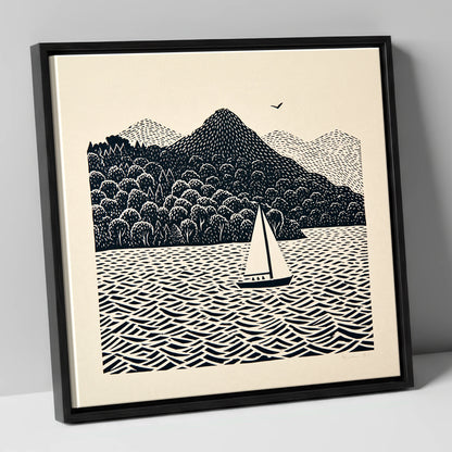 Monochrome Windermere Sailboat lake district lake canvas wall art in black frame