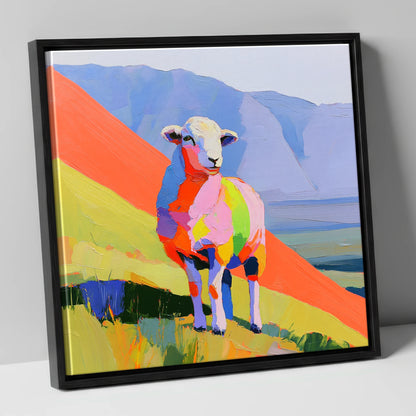 Vivid Herdwick on the Fells lake district wildlife canvas wall art in black frame