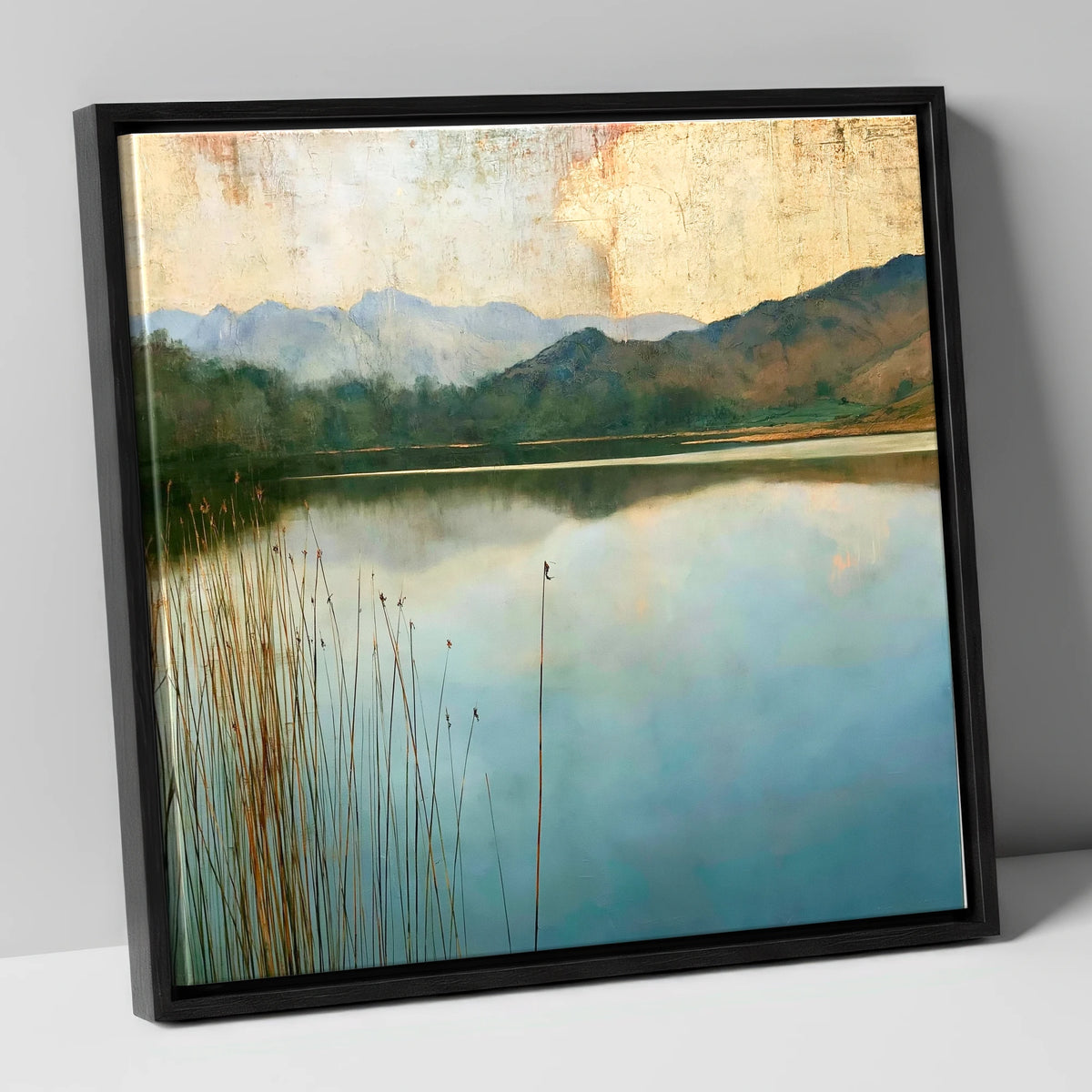 Elterwater Beneath a Golden Sky lake district lake canvas wall art in black frame