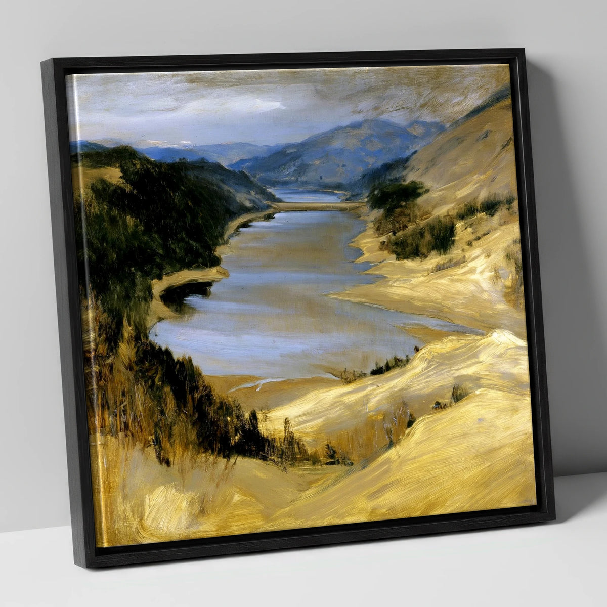 Thirlmere Reservoir in Golden Ochre lake district lake canvas wall art in black frame