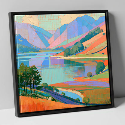 Vibrant Fells Over Turquoise Lake lake district lake canvas wall art in black frame