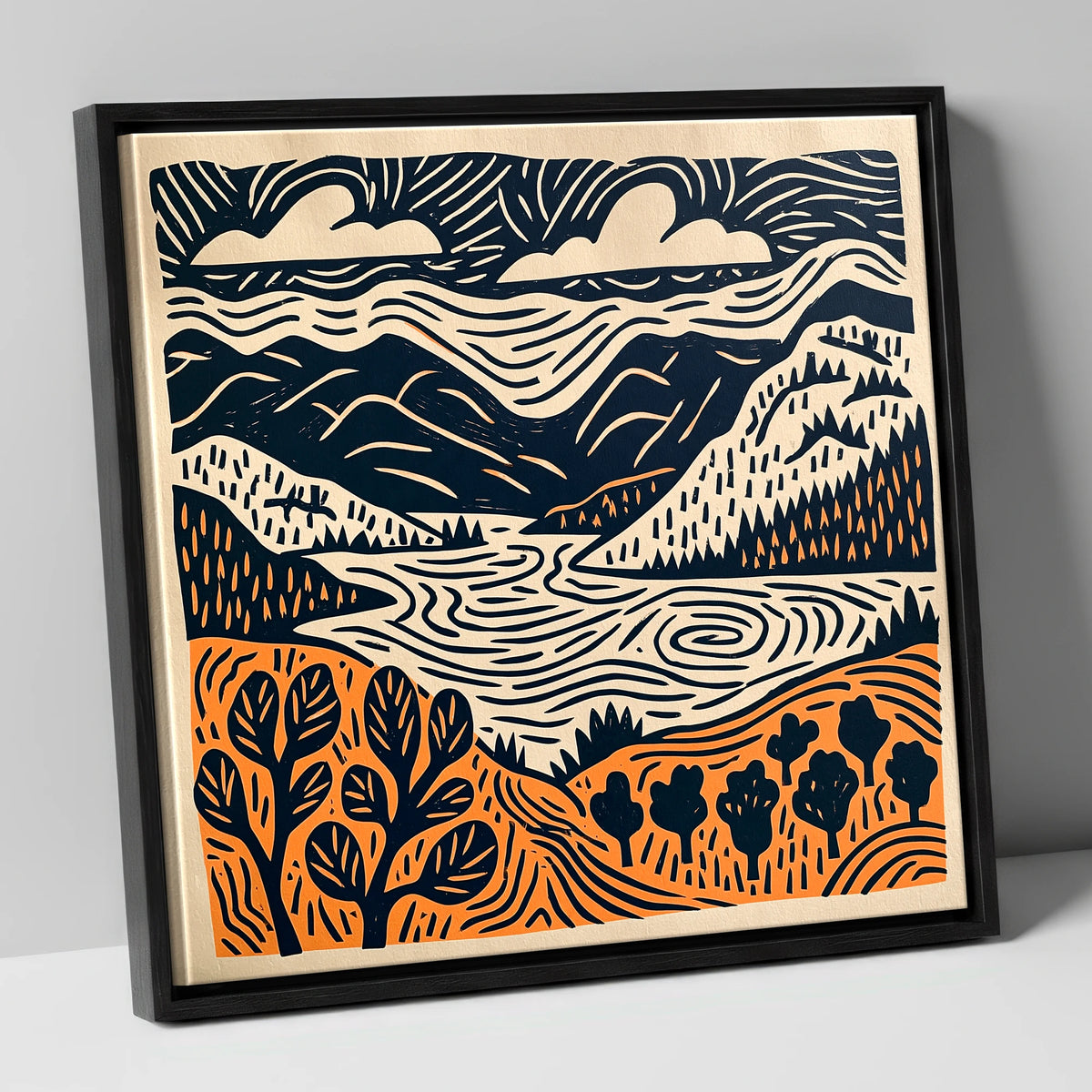 Winding Lake and Terracotta Fells lake district lake canvas wall art in black frame